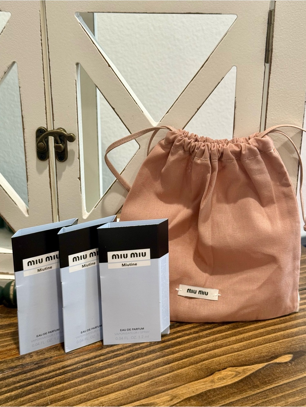 Miu Miu Pink Drawstring Pouch Bag w/ fragrance samples